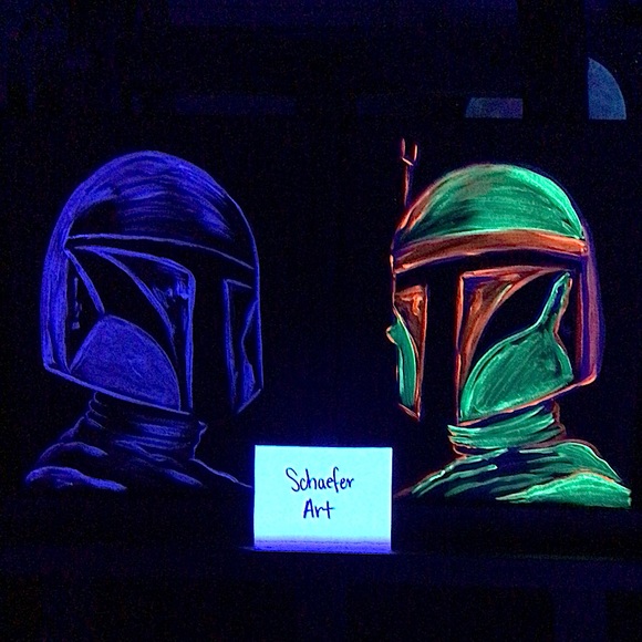 Blacklight Mandalorian and Boba Fett Paintings 2 piece SET - Fun Art Wall Decor - Picture 1 of 4